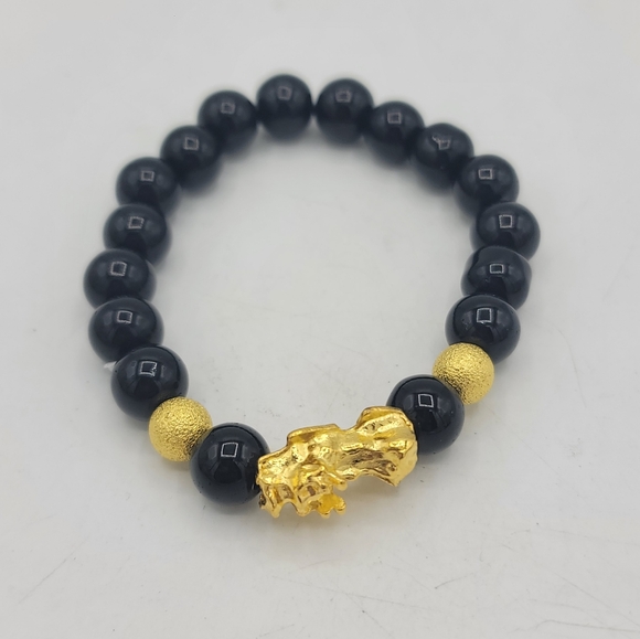 Black Obsidian Pixiu Bracelet Gold Tone Beads Feng Shui Lucky Wealth Energy NWOT - Picture 1 of 1